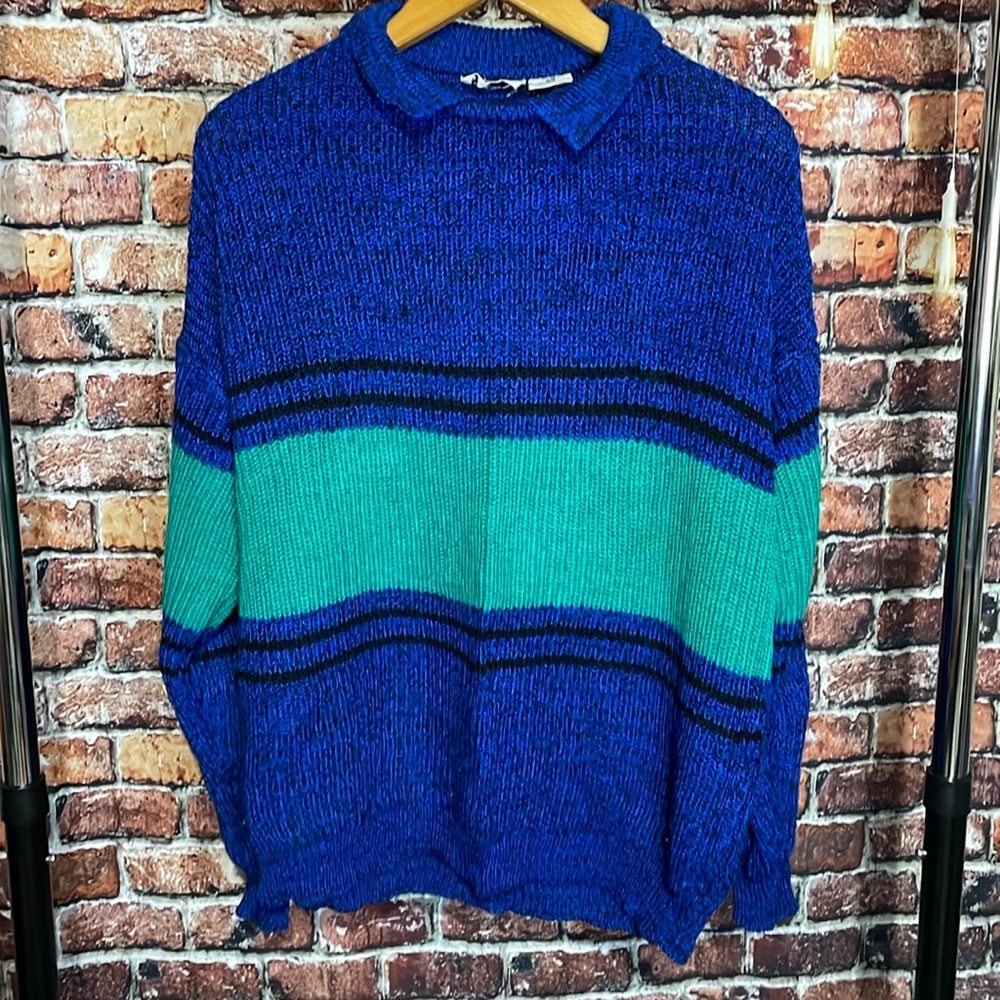 Vintage Andrew St John men’s 90s sweater knit pullover collar blue green medium
